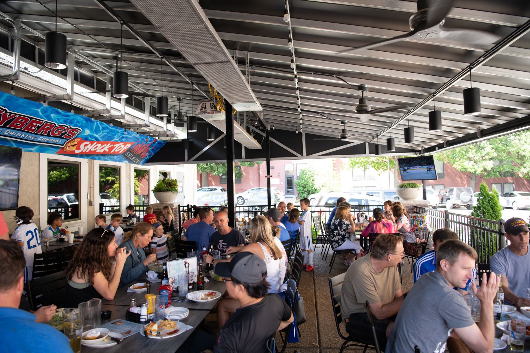 Blues fans watch Game 5 of Western Conference Finals at Syberg's on Dorsett